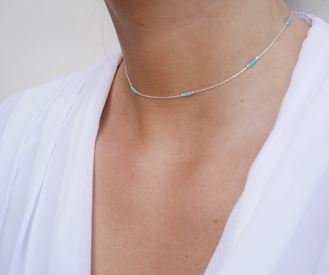 Ras du cou Haryana - Perles pierre Turquoise - Chaîne serpent - Argent 925