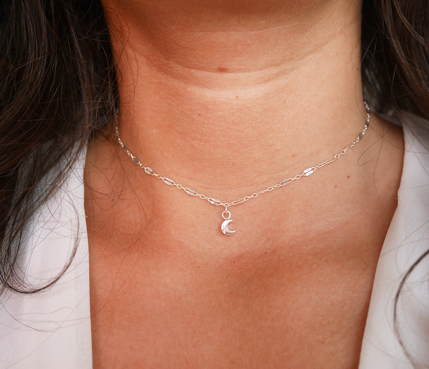 Collier ras de cou Inaë Mini lune chaîne maillons large Argent 925