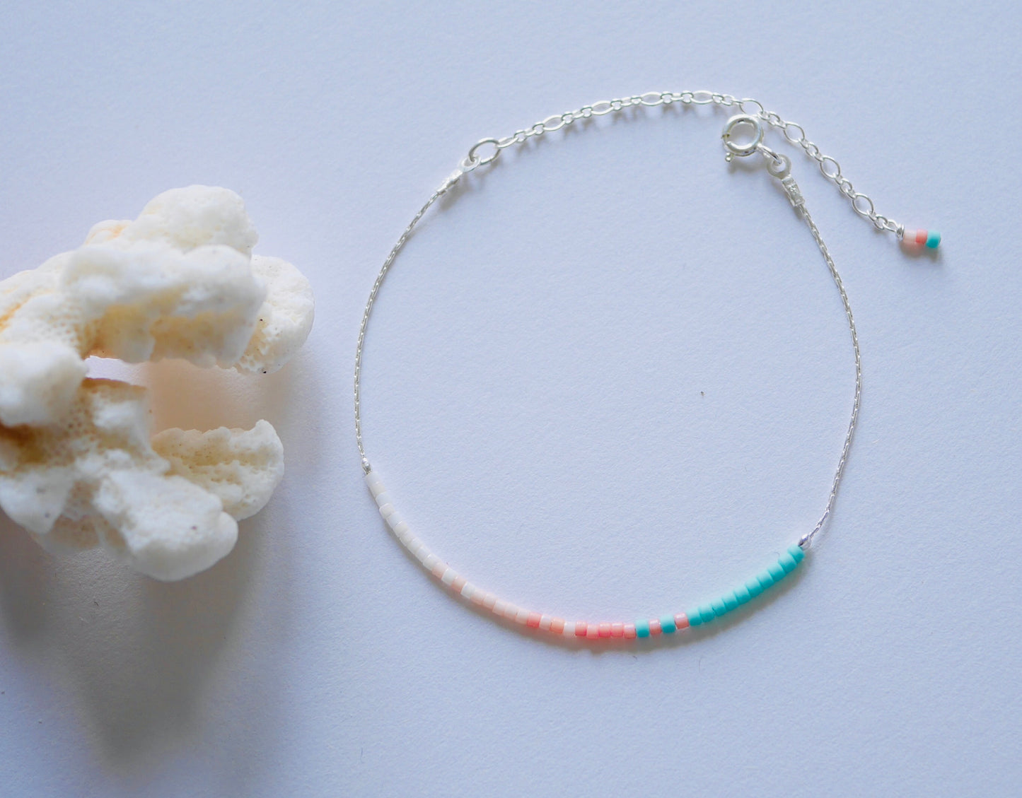 Lot de 4 Bracelets minimaliste, fin - Chaine serpent - Perles miyuki turquoise, corail, rose - Argent 925