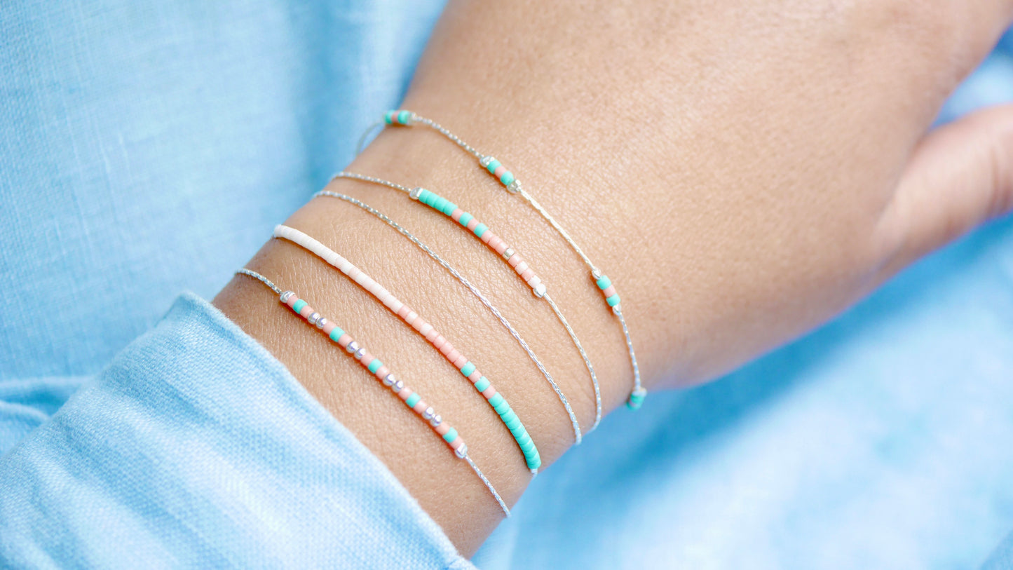 Lot de 4 Bracelets minimaliste, fin - Chaine serpent - Perles miyuki turquoise, corail, rose - Argent 925