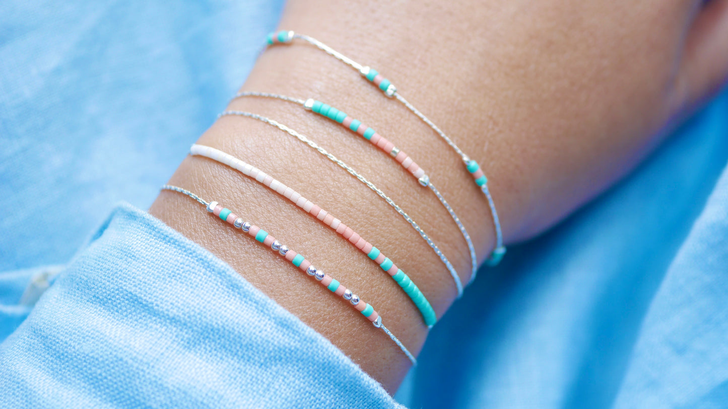 Lot de 4 Bracelets minimaliste, fin - Chaine serpent - Perles miyuki turquoise, corail, rose - Argent 925
