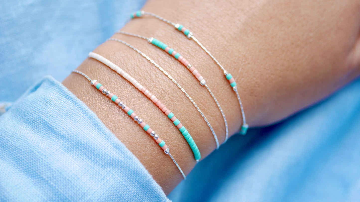 Lot de 4 Bracelets minimaliste, fin - Chaine serpent - Perles miyuki turquoise, corail, rose - Argent 925