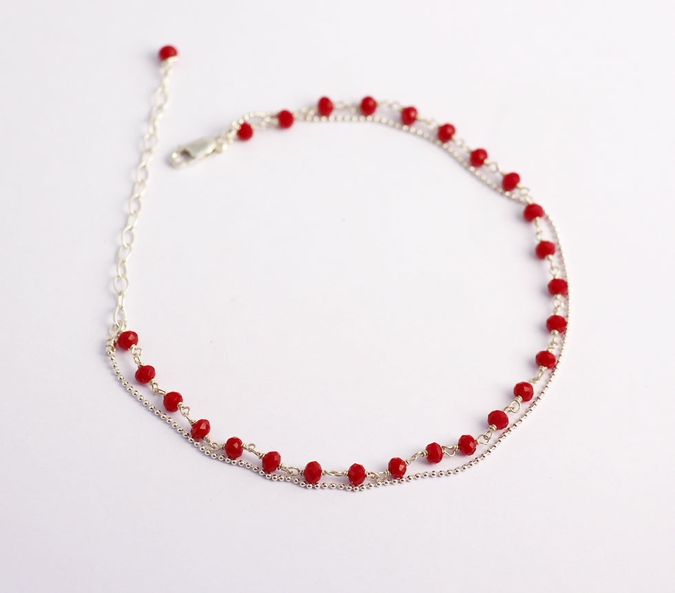 Bracelet de cheville Bohémia Double tours - Pierres rouge - Chaîne argent 925