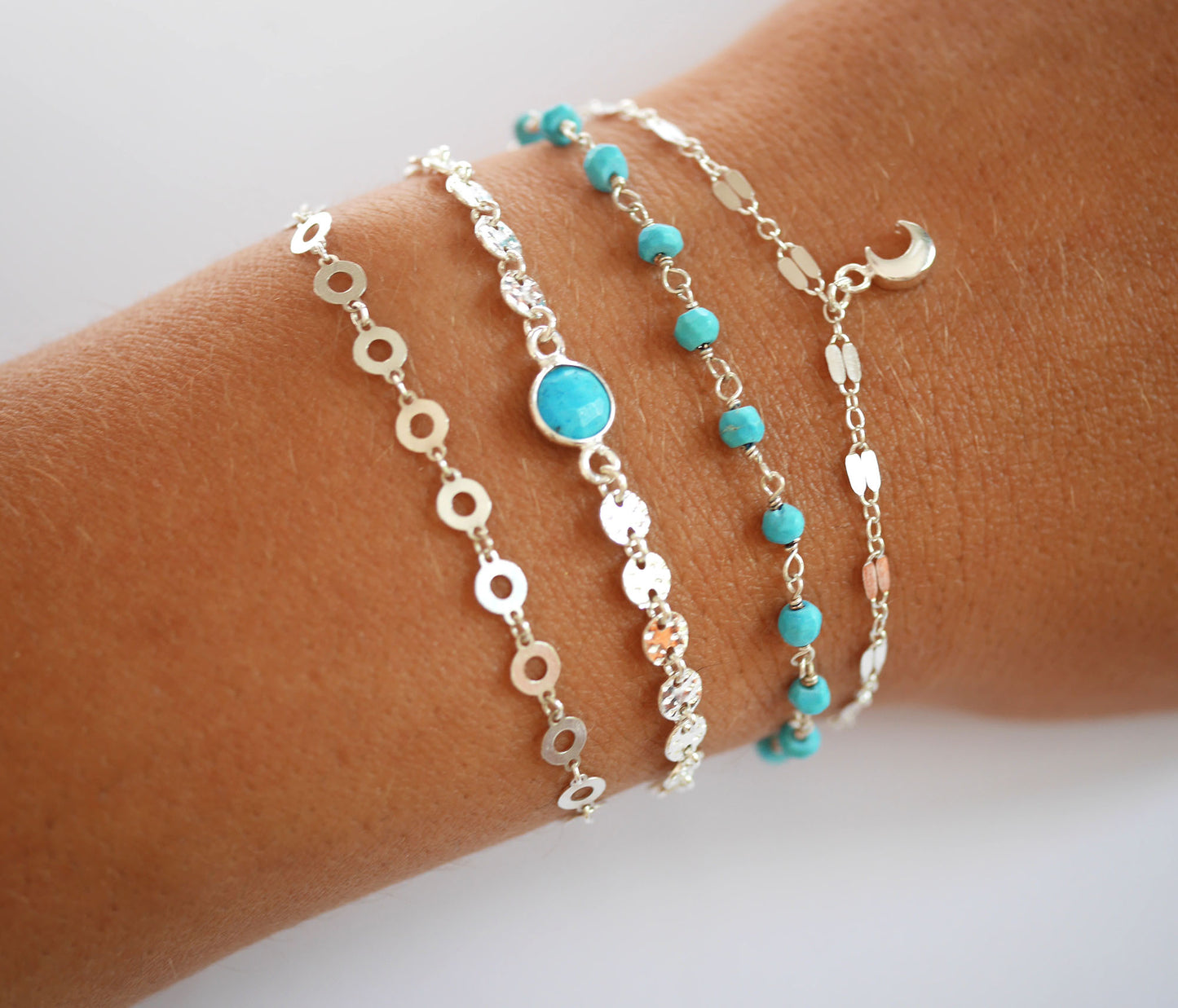 Lot de 4 bracelets argent 925 et Pierre Turquoise - Bracelets fins empilables - Bracelet pierre turquoise - Lune - cercles - Bohème-chic