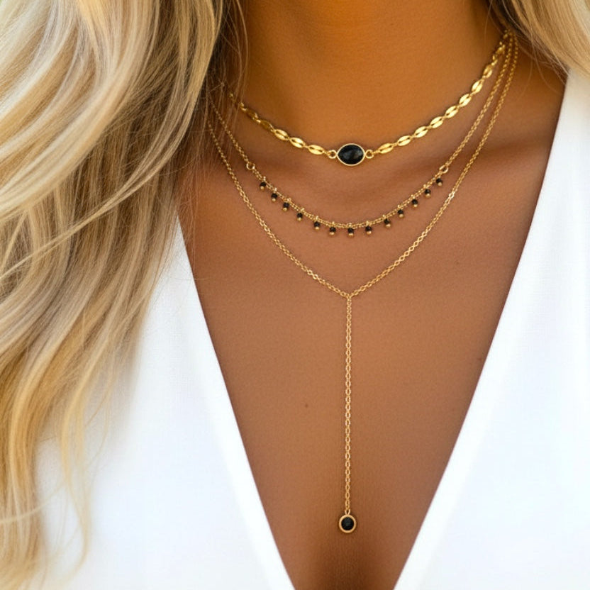 Lot de 3 Colliers plaqué or - Collier long lasso Y - Ras du cou - Empilable - à superposer - Noir et doré - Pierre Onyx noir