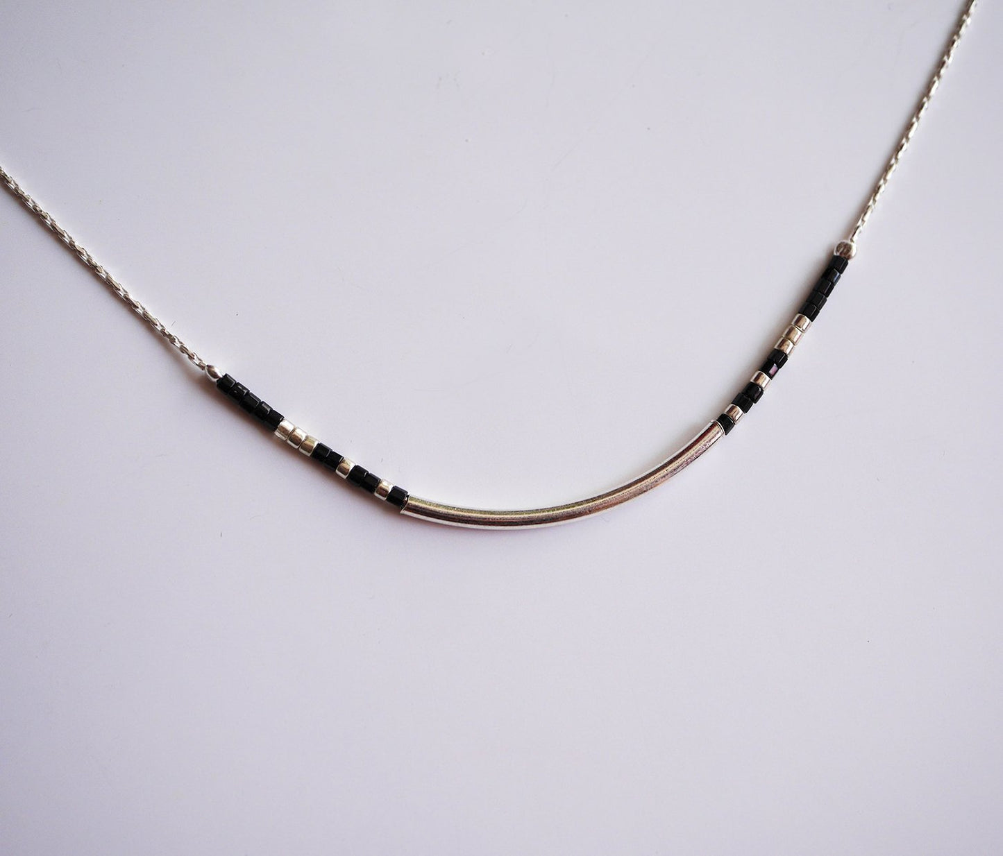 Collier Azalée - Perles miyuki noir argent - Tube - Argent 925