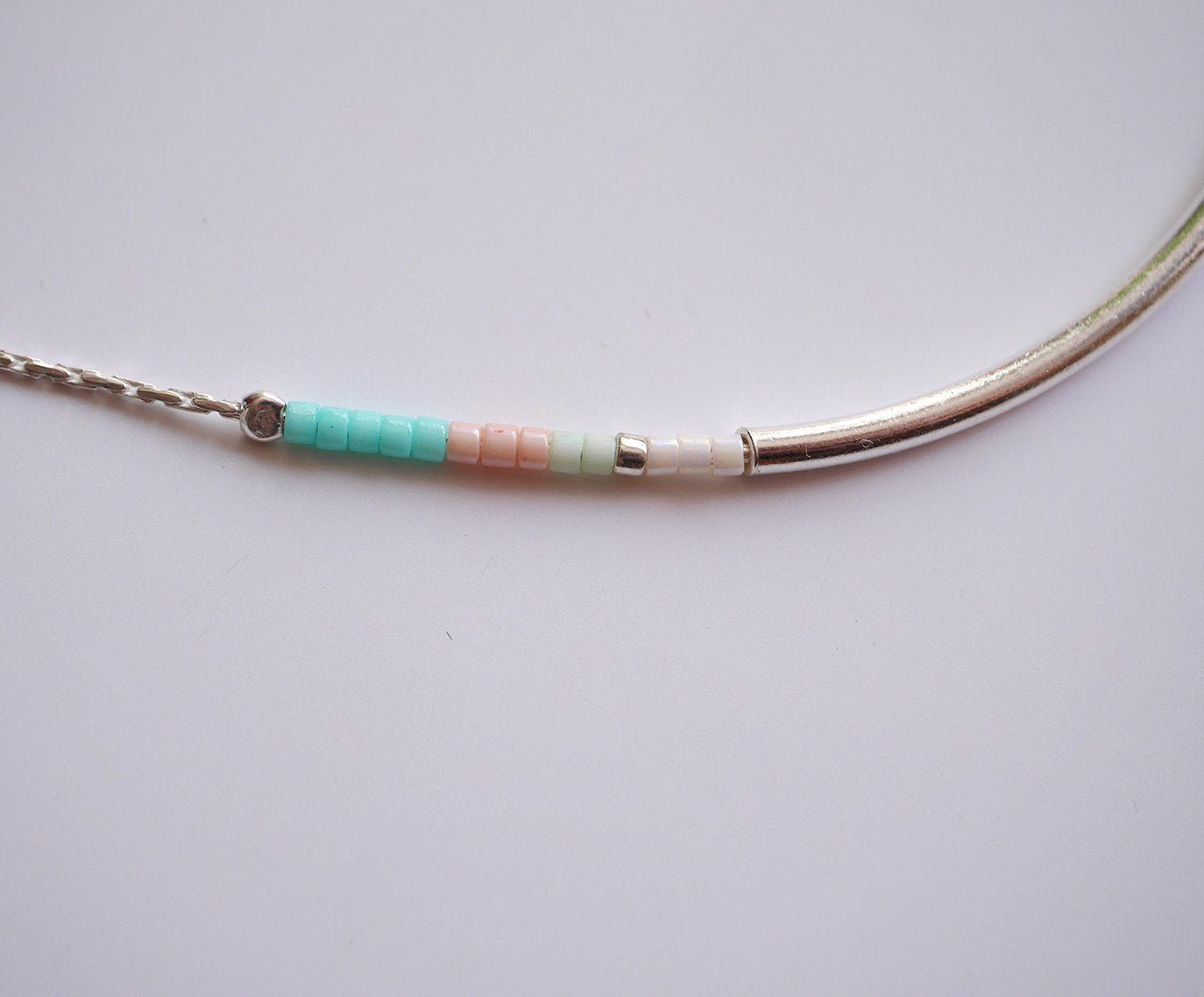 Collier Azalée - Perles miyuki Vert menthe, rose pastel - Tube - Argent 925