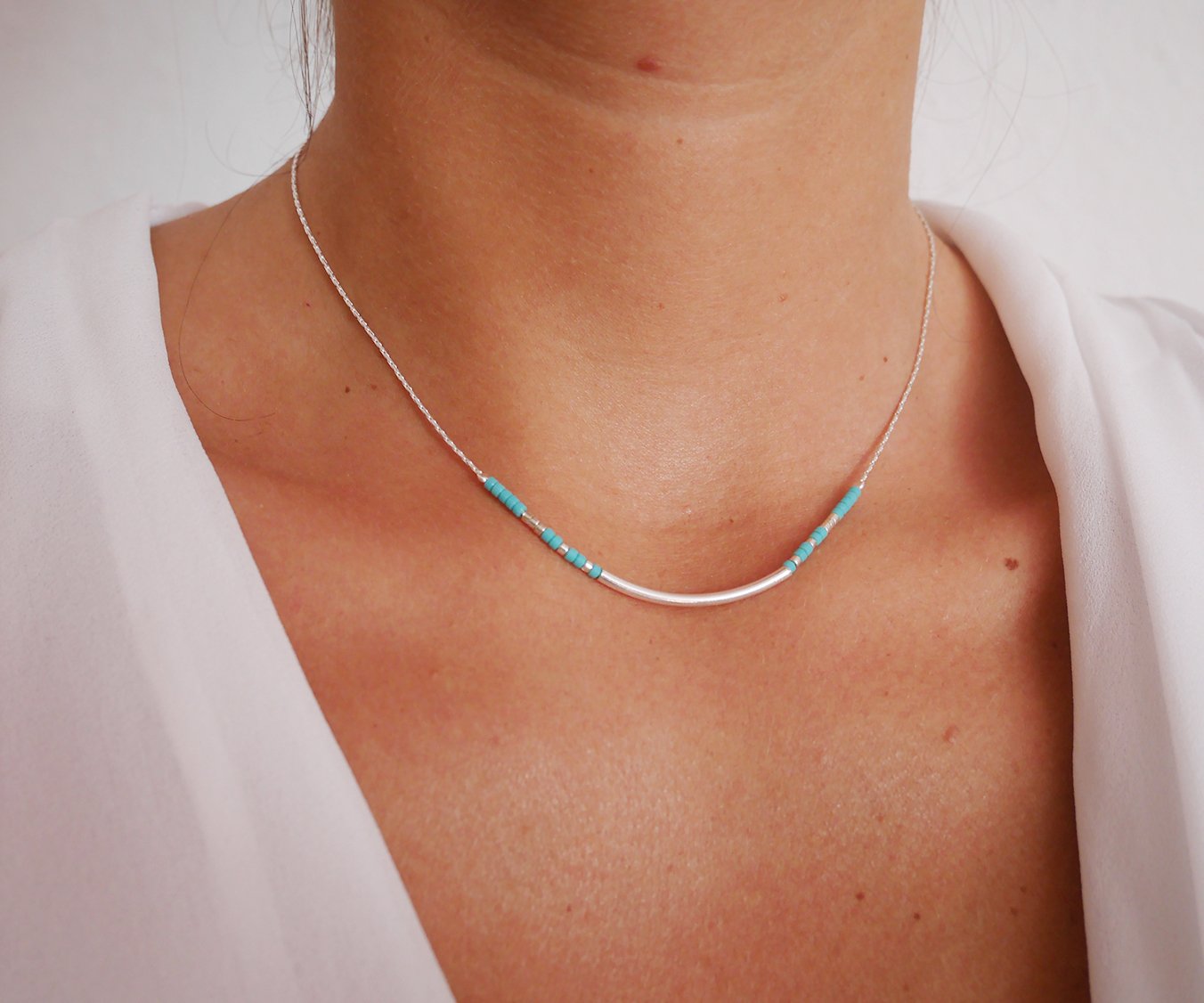 Collier Azalée - Perles pierre Turquoise - Tube - Argent 925