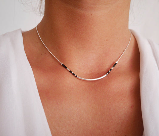 Collier Azalée - Perles miyuki noir argent - Tube - Argent 925