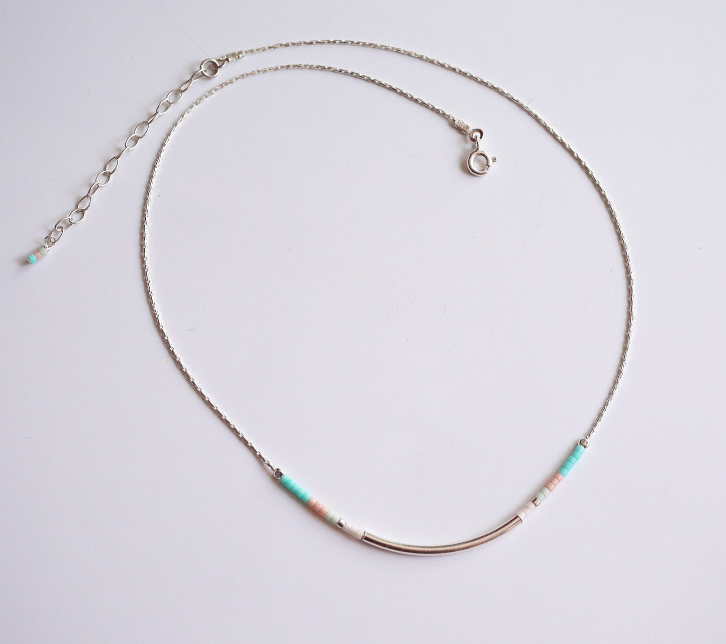 Collier Azalée - Perles miyuki Vert menthe, rose pastel - Tube - Argent 925