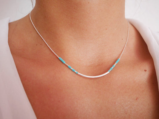 Collier Azalée - Perles pierre Turquoise - Tube - Argent 925