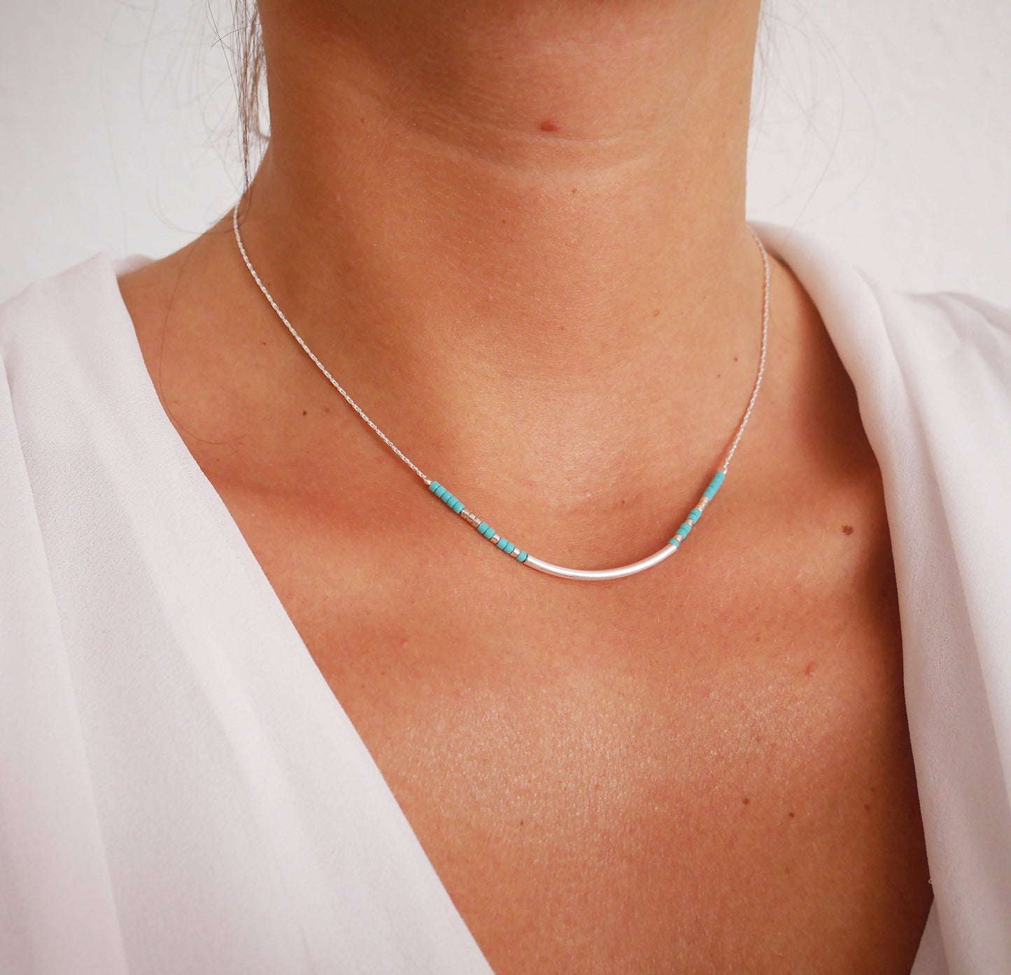 Collier Azalée - Perles pierre Turquoise - Tube - Argent 925