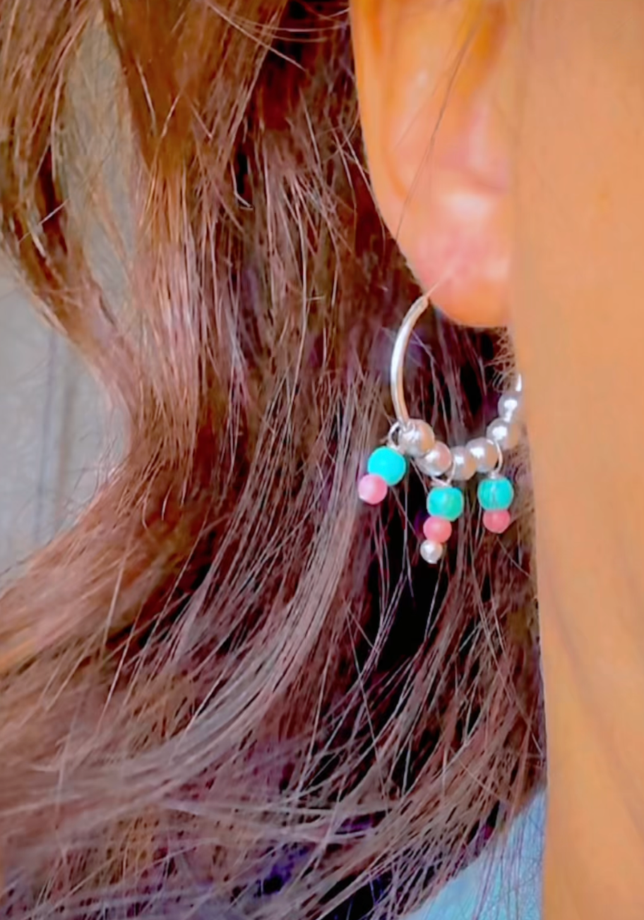 Boucles d'oreille Marlie - Créôles - Perles pierre Turquoise - Perles Corail - Argent 925