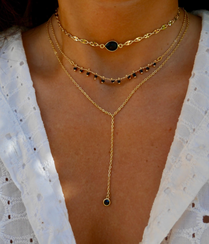 Lot de 3 Colliers plaqué or - Collier long lasso Y - Ras du cou - Empilable - à superposer - Noir et doré - Pierre Onyx noir