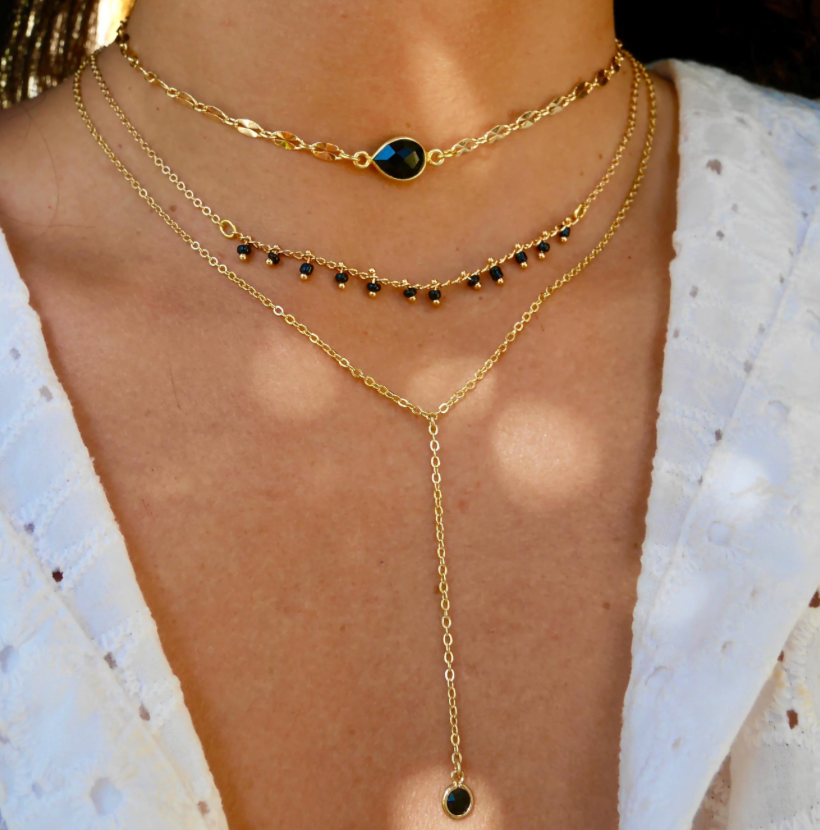 Lot de 3 Colliers plaqué or - Collier long lasso Y - Ras du cou - Empilable - à superposer - Noir et doré - Pierre Onyx noir