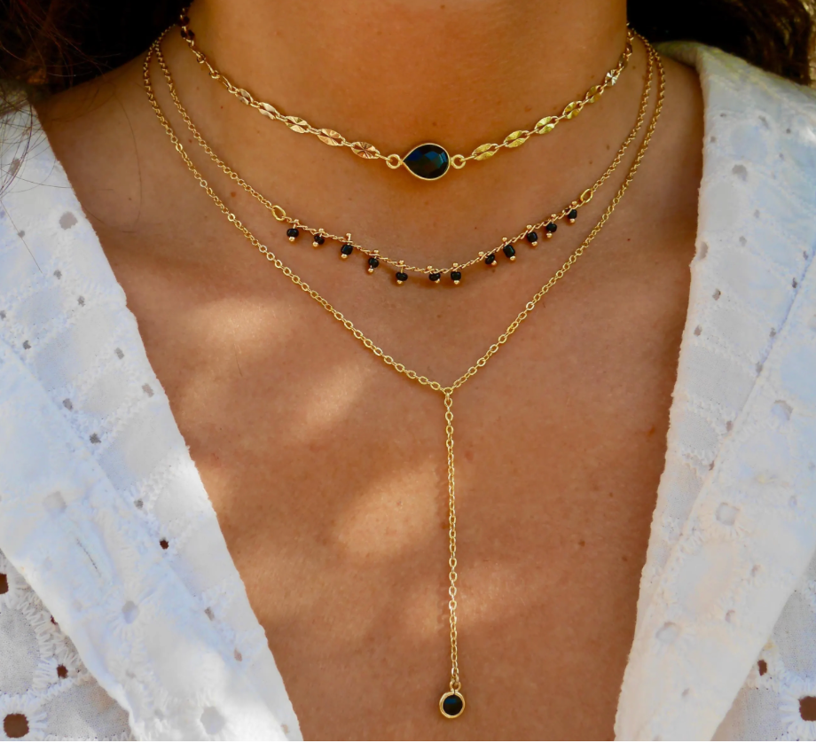 Lot de 3 Colliers plaqué or - Collier long lasso Y - Ras du cou - Empilable - à superposer - Noir et doré - Pierre Onyx noir