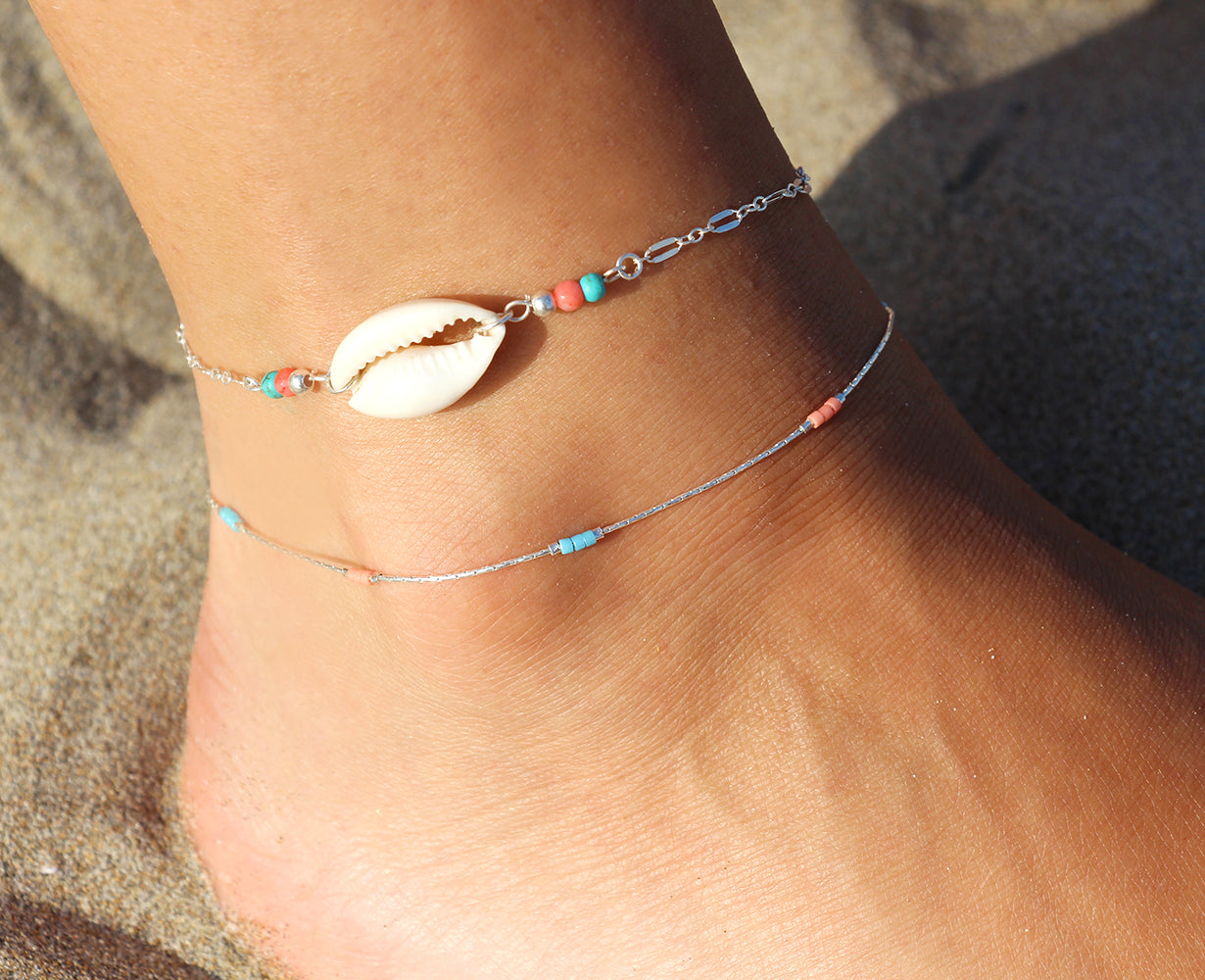 Bracelet de cheville Nayade - Coquillage Cowrie blanc - Perles turquoise, corail - Argent 925