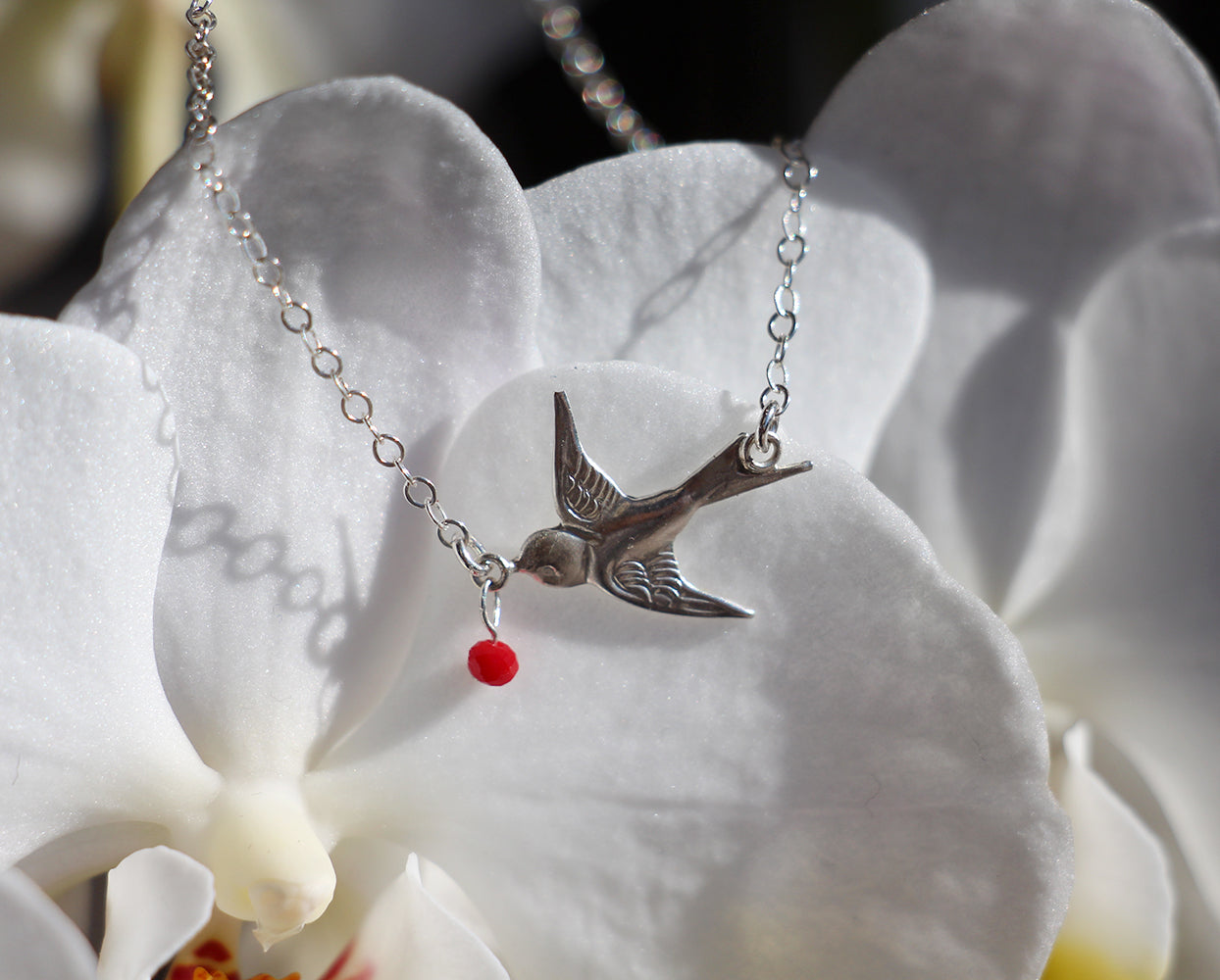 Collier Swallow - Oiseau hirondelle - Perle rouge - Argent 925