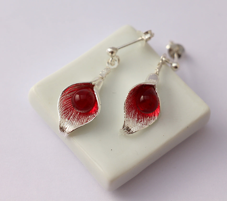 Boucles d'oreilles Arum Rouge - Perles goutte de verre rouge - Argent 925