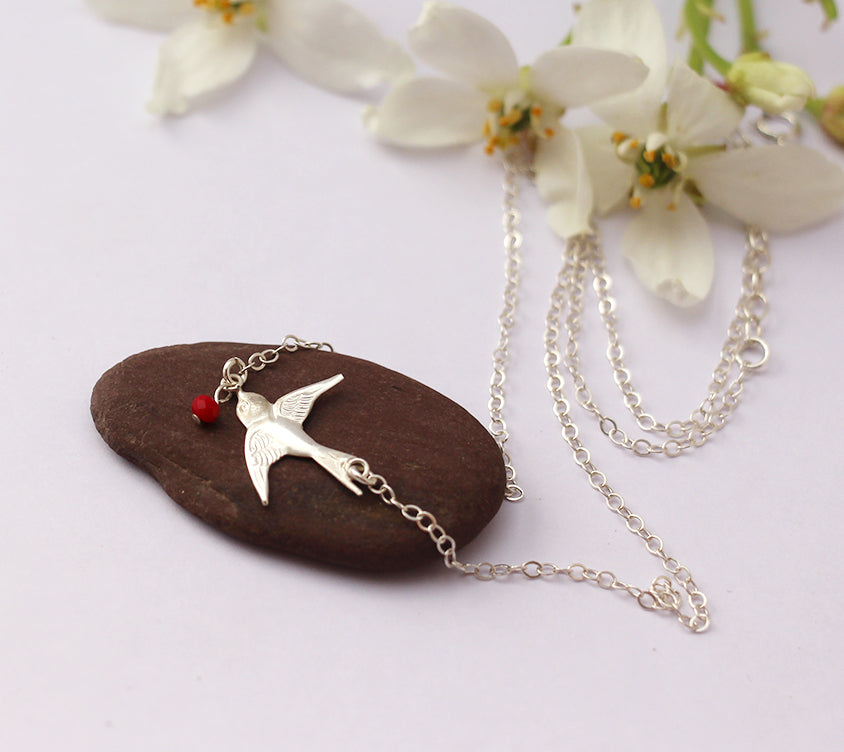 Collier Swallow - Oiseau hirondelle - Perle rouge - Argent 925