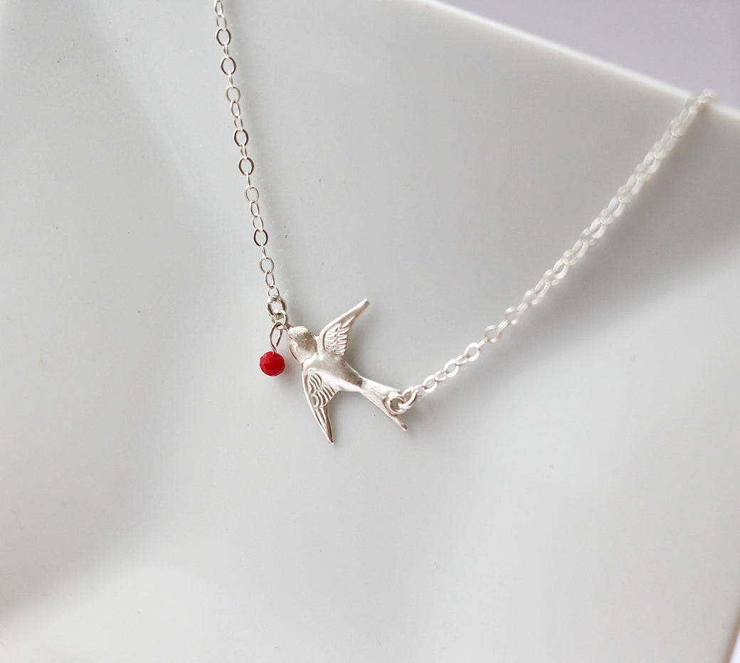 Collier Swallow - Oiseau hirondelle - Perle rouge - Argent 925