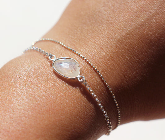 Bracelet Waverly - Double tours - Pierre de lune transparent irisé - Chaîne boules - Argent 925