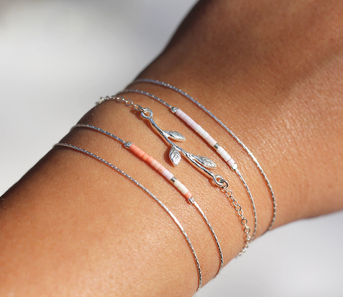 Lot de 3 Bracelets fins - Double tours - Multirangs - Chaine serpent - Perles miyuki corail, blanc - Argent 925