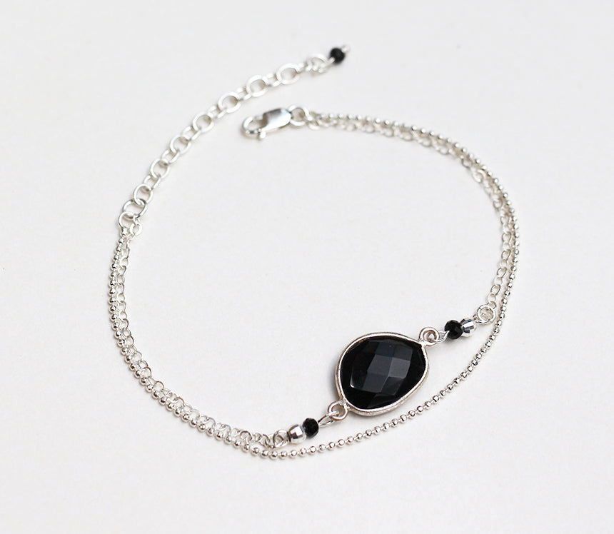 Bracelet Waverly - Double tours - Pierre Onyx noir - Chaîne boules - Argent 925