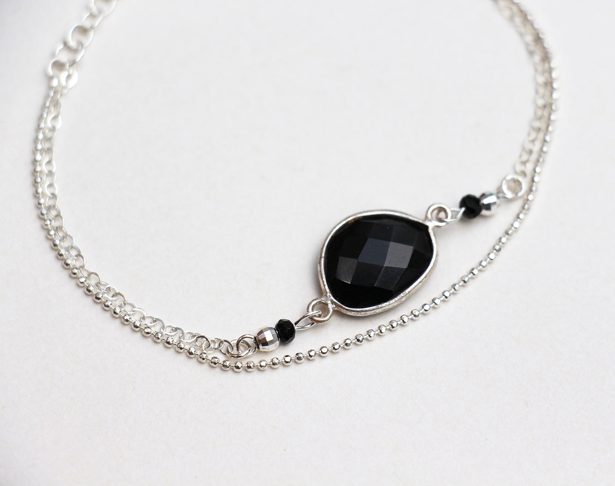 Bracelet Waverly - Double tours - Pierre Onyx noir - Chaîne boules - Argent 925