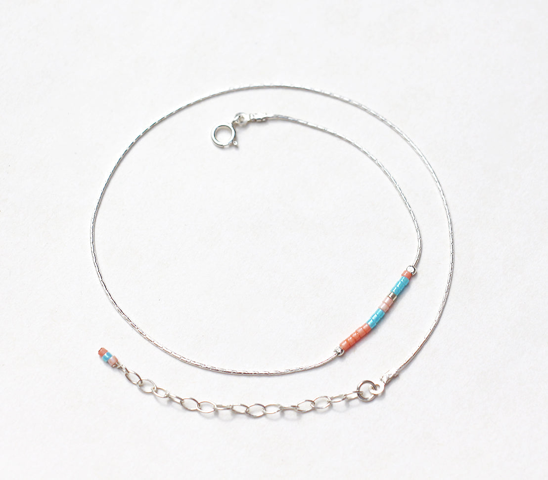 Bracelet de cheville Nymphéa - Perles miyuki Corail, turquoise - Chaîne serpent - Argent 925