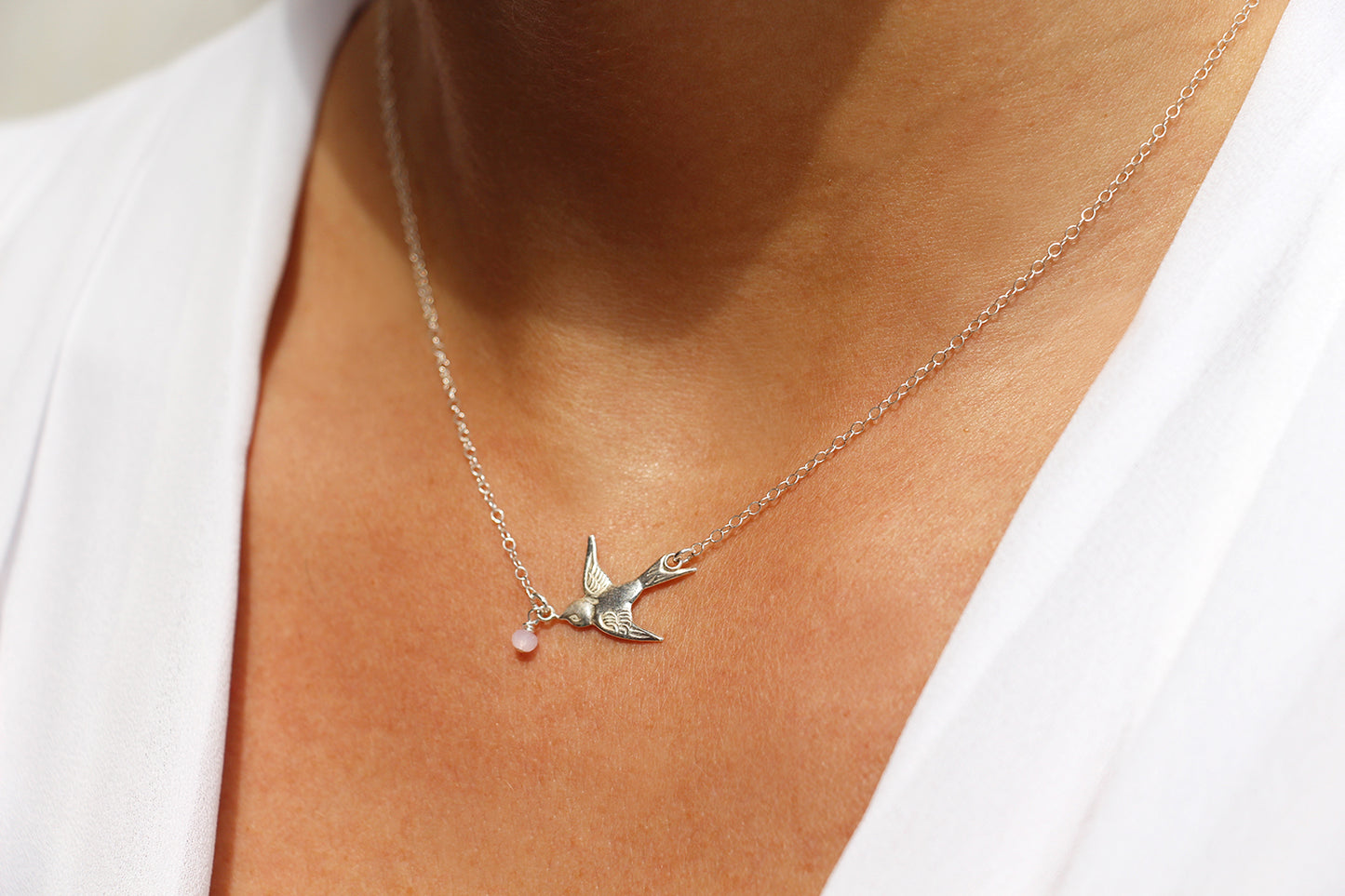 Collier Swallow - Oiseau Hirondelle - Perle de verre rose - Argent 925