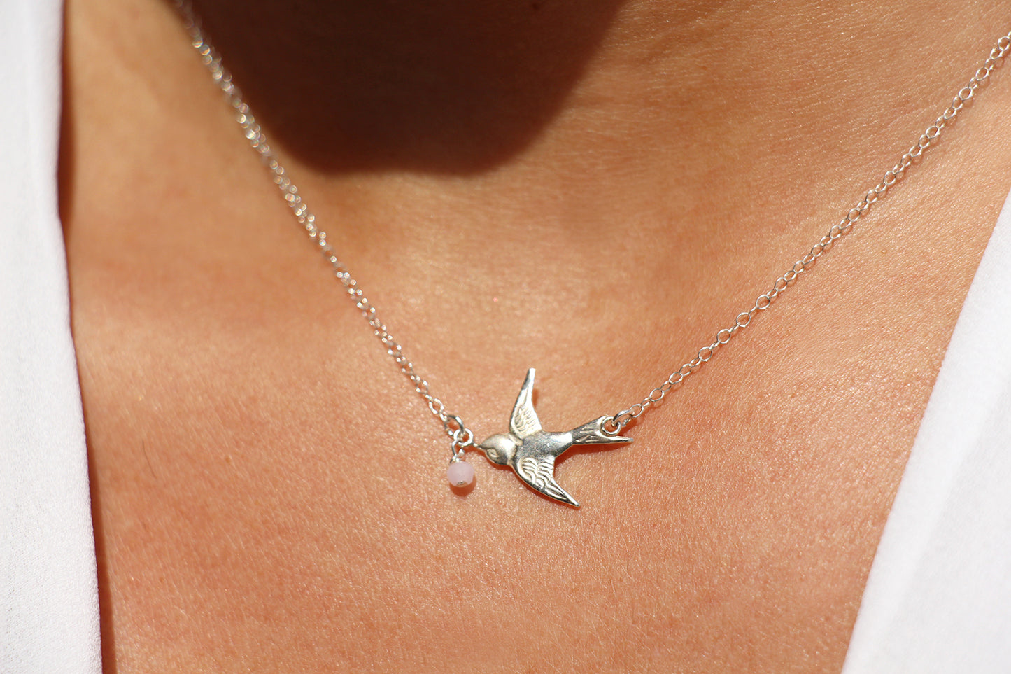 Collier Swallow - Oiseau Hirondelle - Perle de verre rose - Argent 925