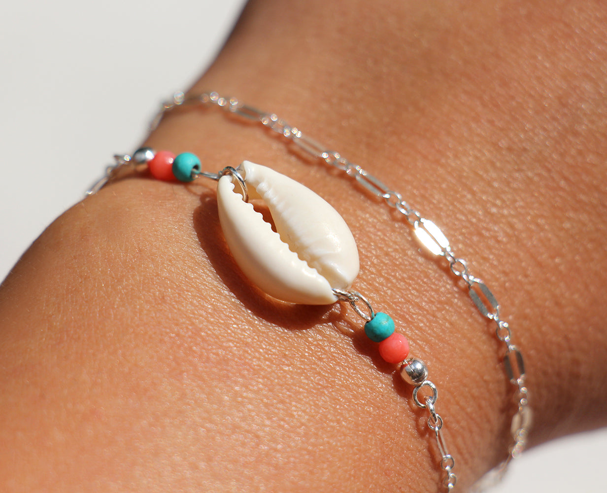 Bracelet Nayade - Coquillage Cowri Blanc - Perles Turquoise, Corail - Argent 925