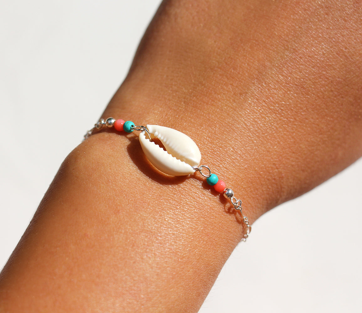 Bracelet Nayade - Coquillage Cowri Blanc - Perles Turquoise, Corail - Argent 925