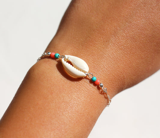 Bracelet Nayade - Coquillage Cowri Blanc - Perles Turquoise, Corail - Argent 925