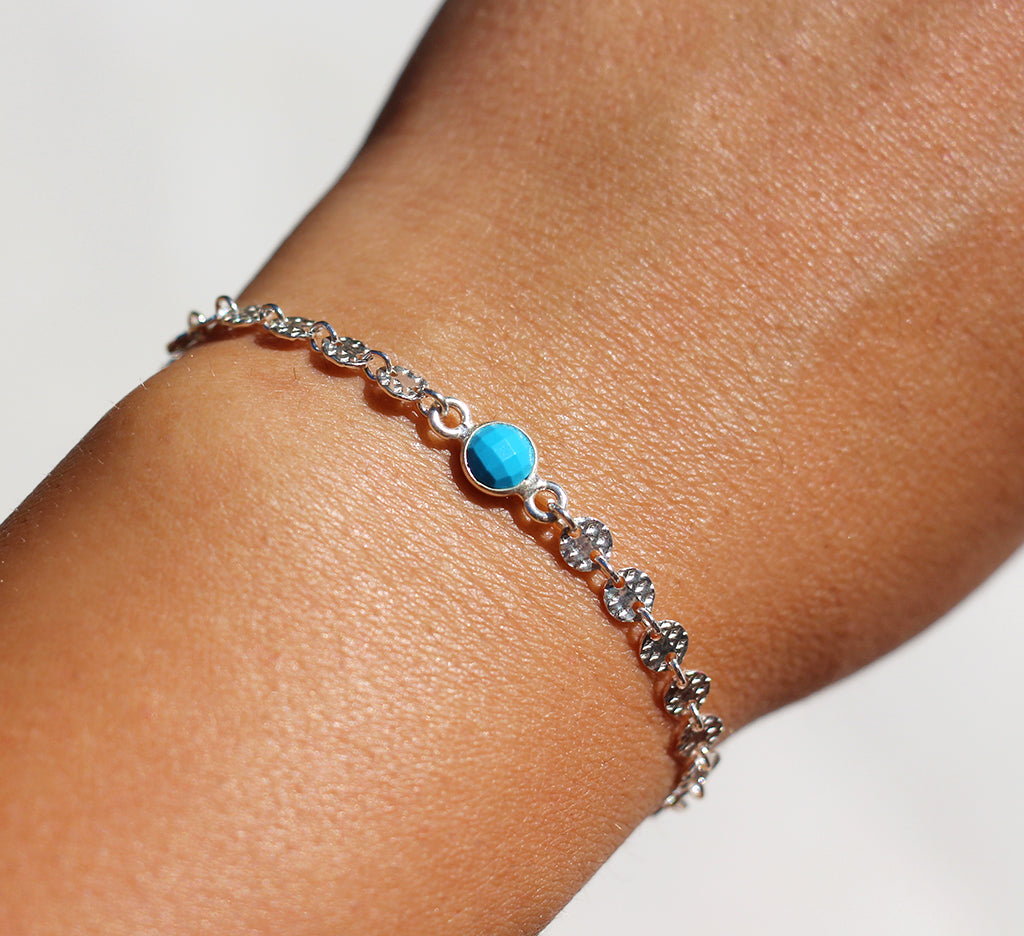 Lot de 4 bracelets - Pierre Turquoise - Bracelets fins empilables - chaîne cercles et barre - Argent 925