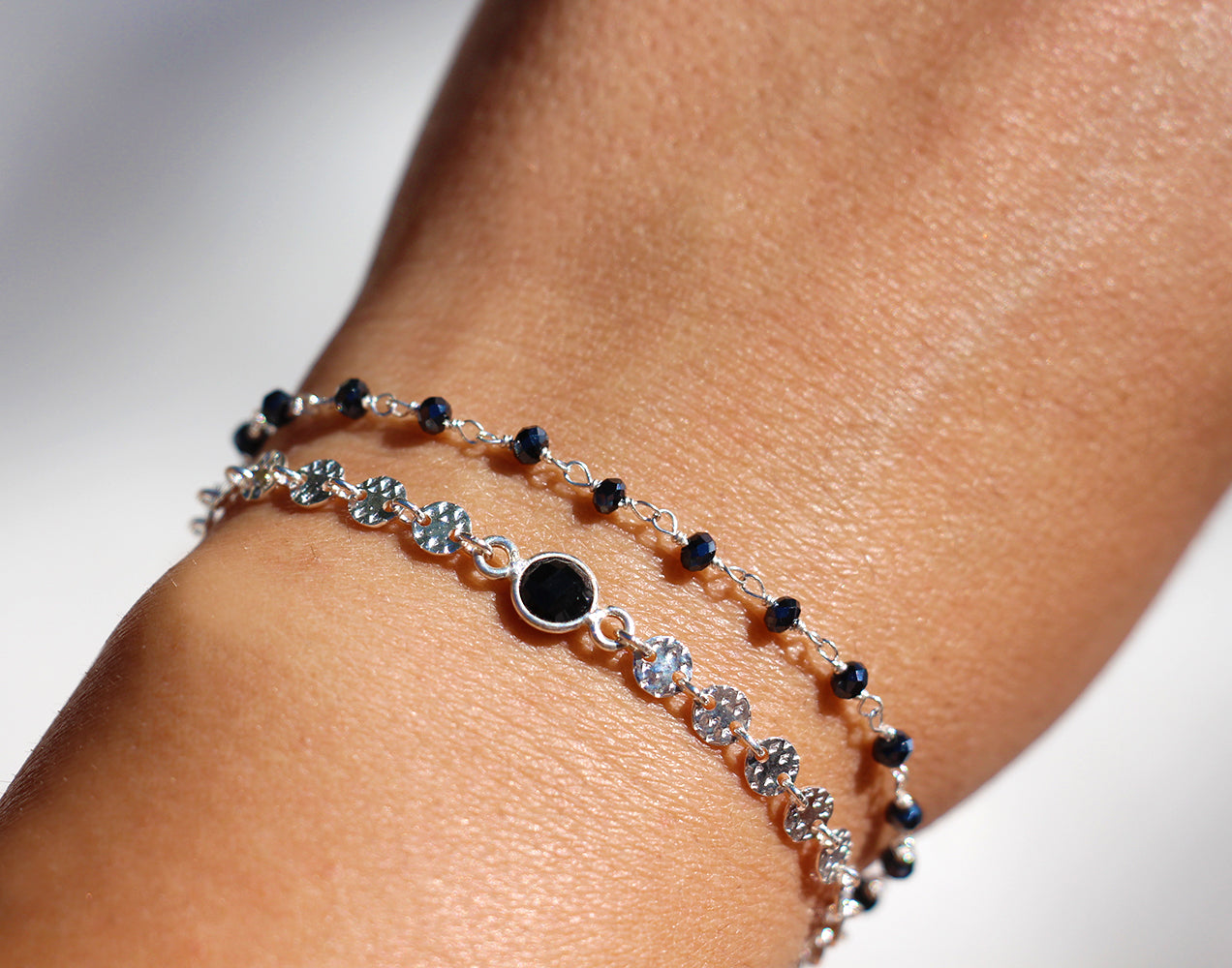 Bracelet Acanthe - Pierre Onyx noir - Chaîne cercles - Argent 925