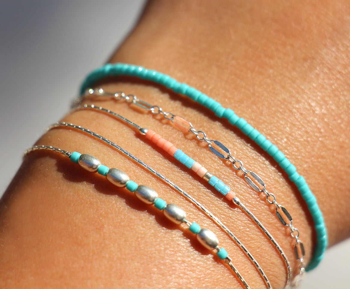 Bracelet Bangli - Perles pierre Turquoise - Perles ovales - Argent 925