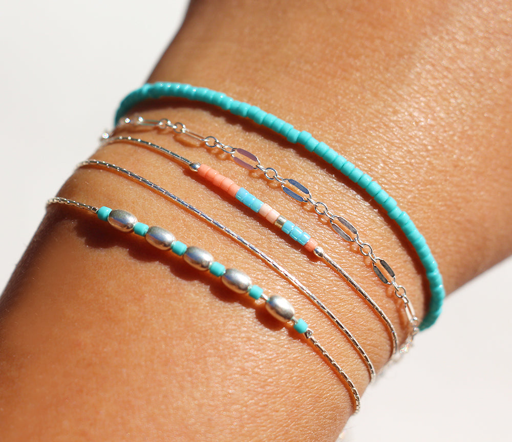 Bracelet Bangli - Perles pierre Turquoise - Perles ovales - Argent 925