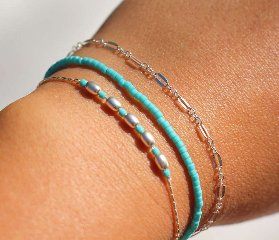 Bracelet Bangli - Perles pierre Turquoise - Perles ovales - Argent 925