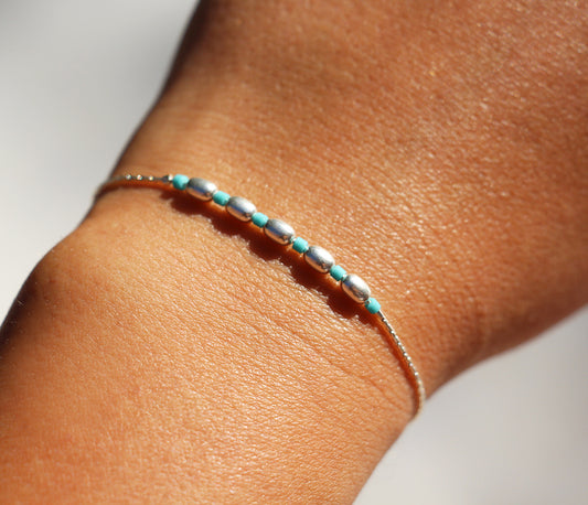 Bracelet Bangli - Perles pierre Turquoise - Perles ovales - Argent 925