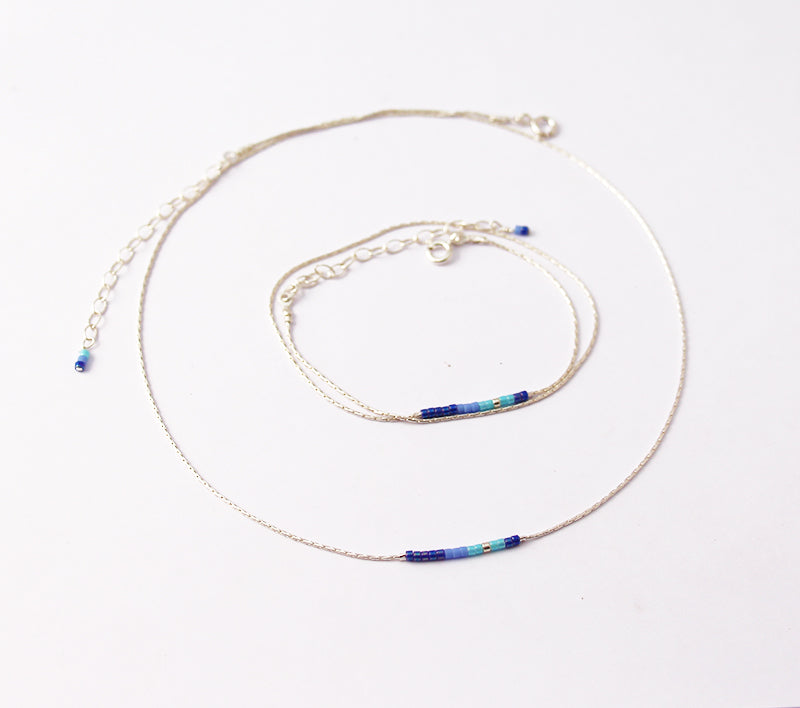 Collier Nymphéa - Perles miyuki bleu électrique dégradé- Chaîne serpent - Argent 925