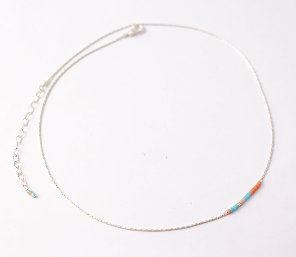 Collier Nymphéa - Perles miyuki turquoise, corail - Chaîne serpent - Argent 925