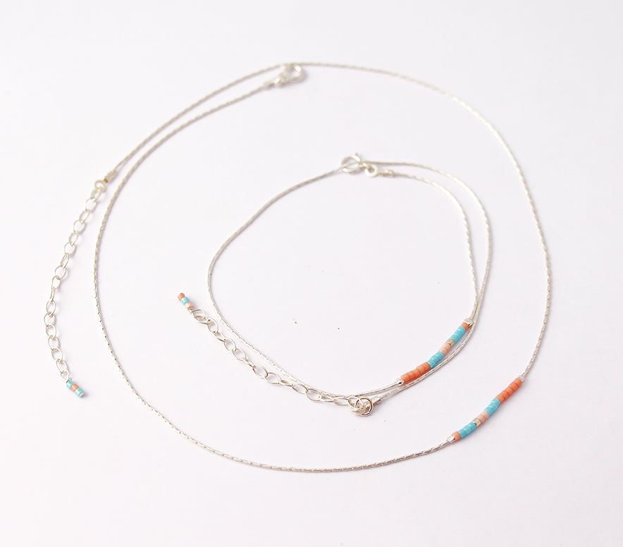 Collier Nymphéa - Perles miyuki turquoise, corail - Chaîne serpent - Argent 925