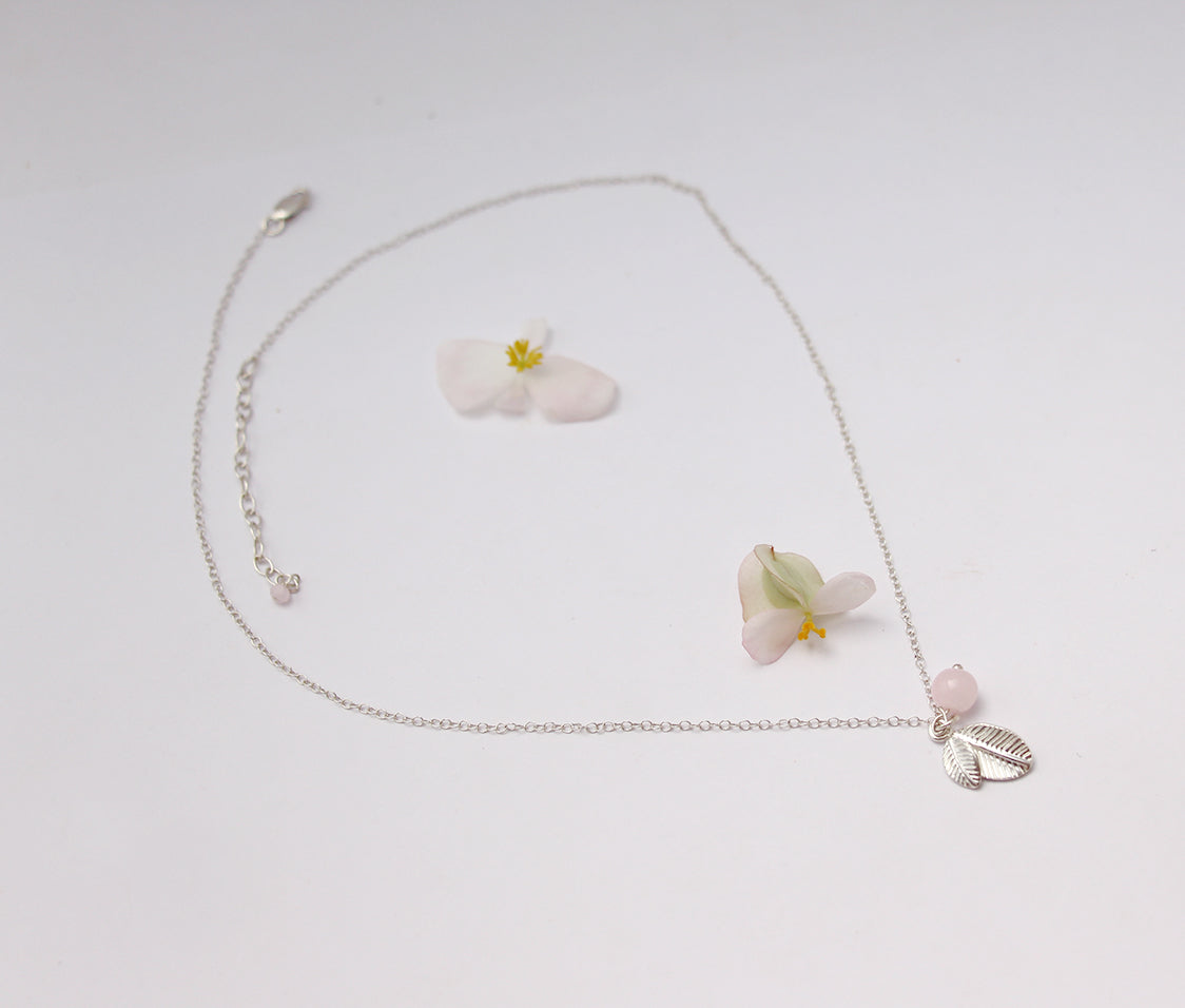 Collier Maëllys - Feuilles - Perle de verre Rose - Argent 925