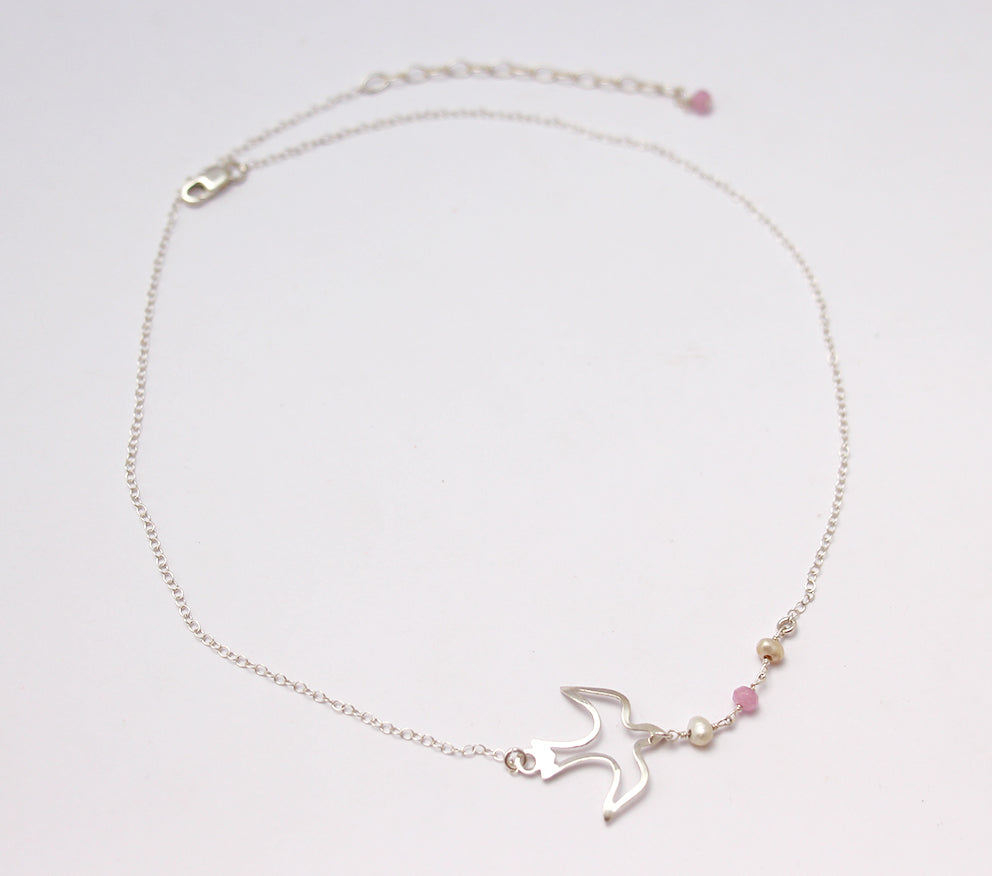 Collier Liseron - Oiseau - Perles roses et blanches - Argent 925