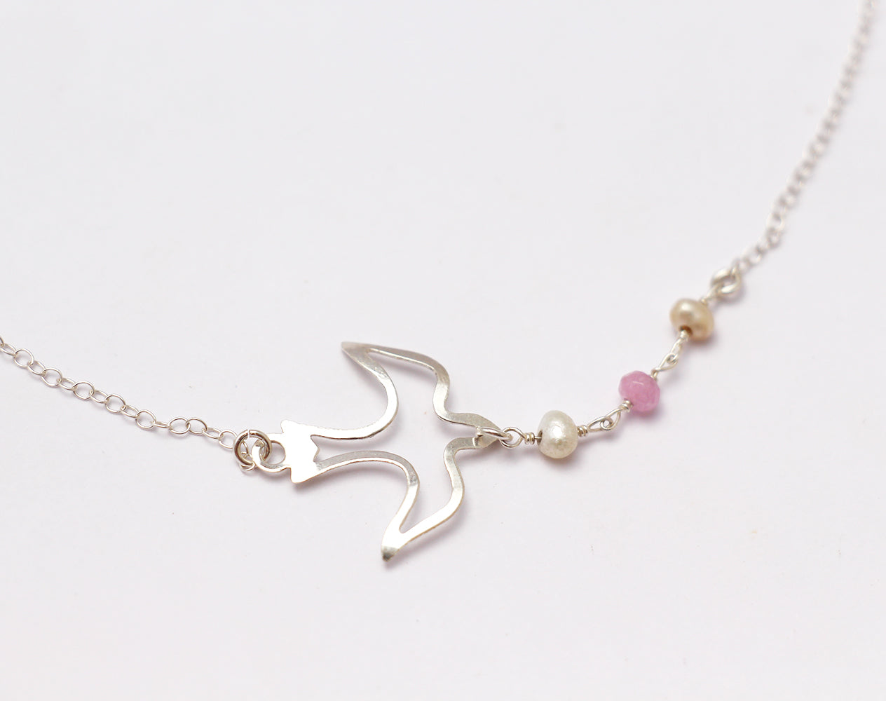 Collier Liseron - Oiseau - Perles roses et blanches - Argent 925