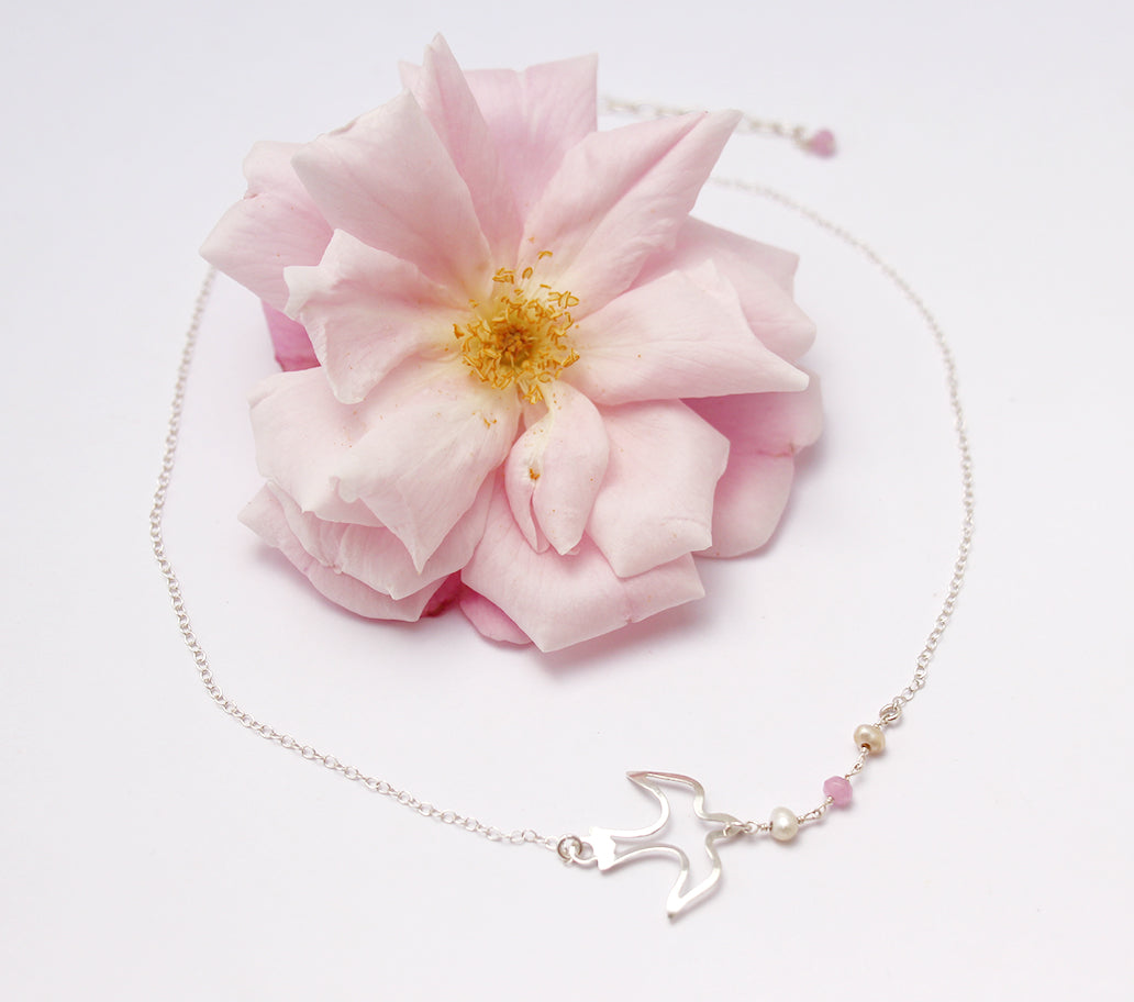 Collier Liseron - Oiseau - Perles roses et blanches - Argent 925