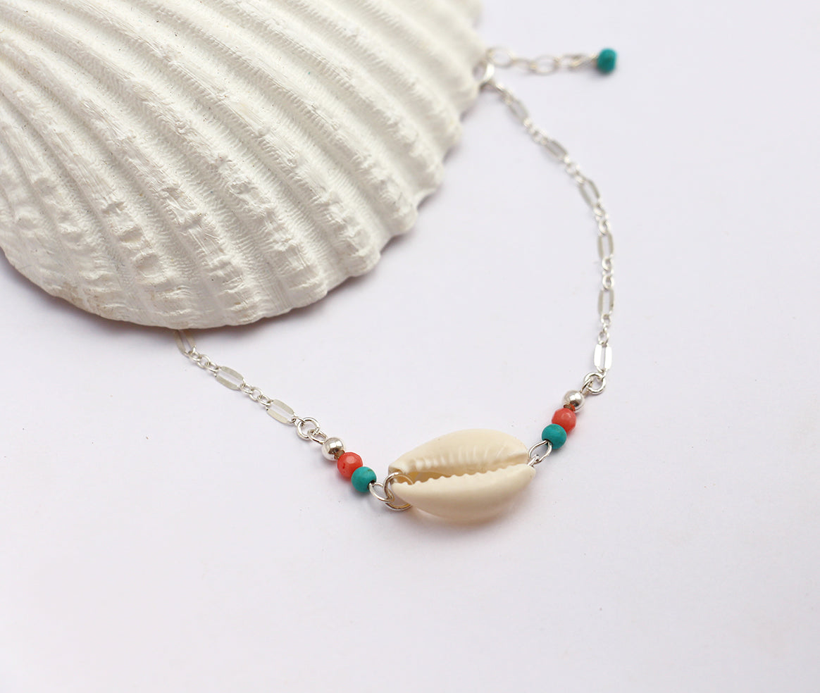 Bracelet de cheville Nayade - Coquillage Cowrie blanc - Perles turquoise, corail - Argent 925