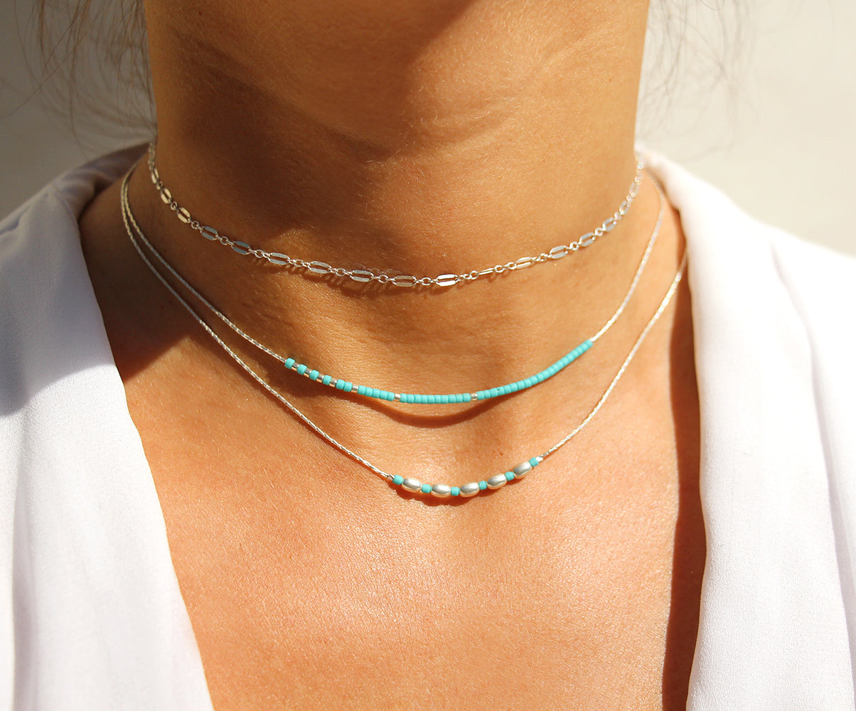 Collier Bangli - Perles pierre Turquoise - Perles ovales - Argent 925